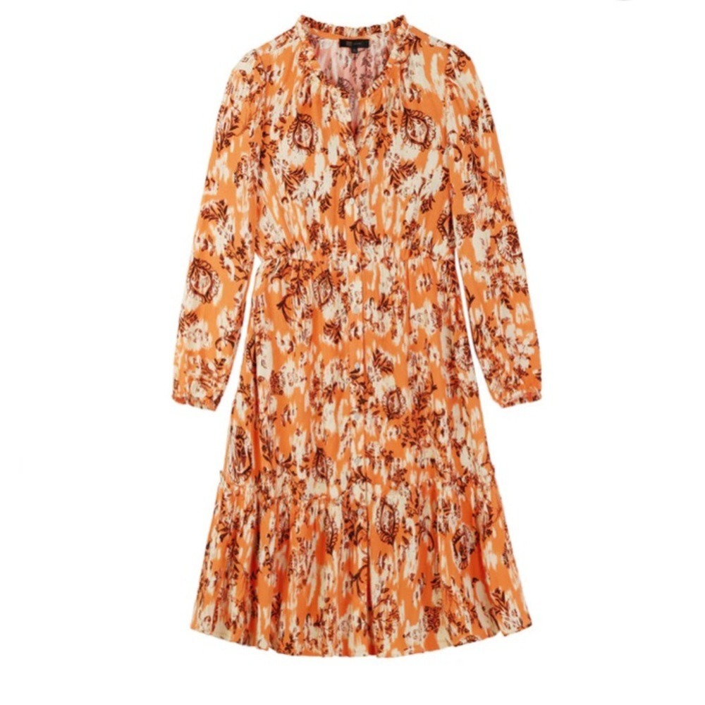 Frye Women's Large Dress Orange‎ Cream Floral Ikat Ruffle V-Neck Long Sleeve NEW